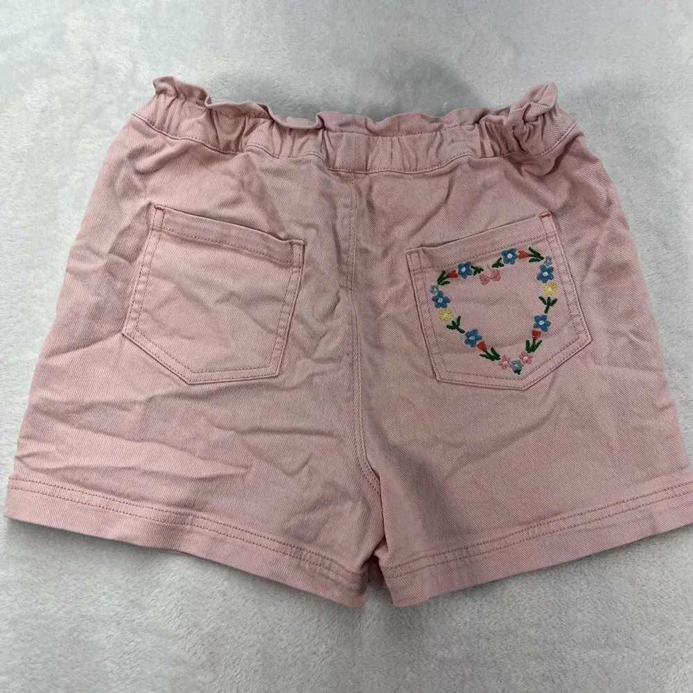 Mini Boden Denim Embroidered Shorts Girls 10Y Pull On Elastic Pink Pockets
